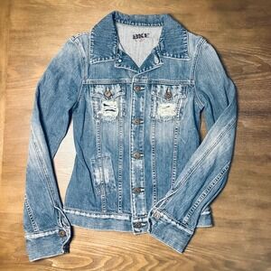 BKE 679 Distressed Denim Jacket Blue Button Western Trucker Womens Small Cowgirl